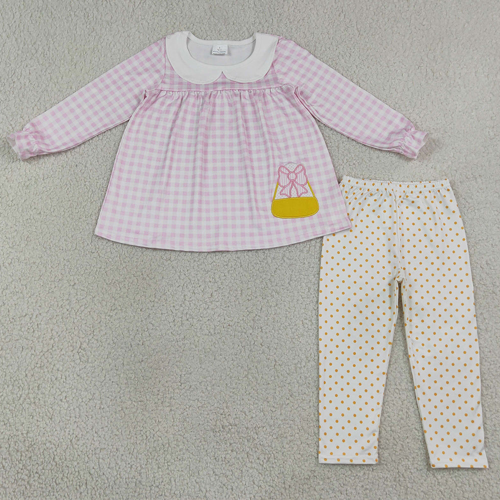 Baby Girls Clothes Embroidery Bow Candy Pink Checked Tunic Leggings Halloween Clothes Sets GLP3320
