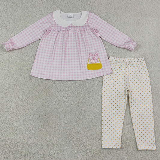 Baby Girls Clothes Embroidery Bow Candy Pink Checked Tunic Leggings Halloween Clothes Sets GLP3320