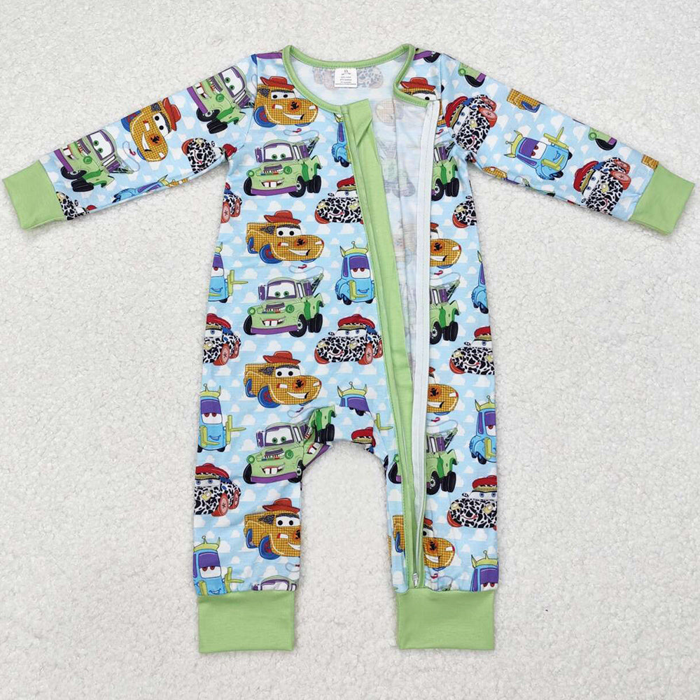 Baby Infant Boys Rompers Green Cars Bamboo Zip Rompers LR1622