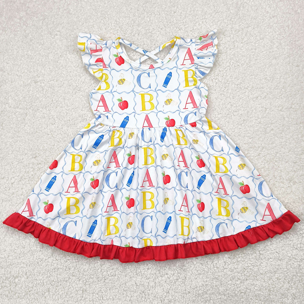 Baby Girls Dress Back to School Flutter Sleeves Colorful Pencils Apples Knee Length Dresses GSD2258 4.28