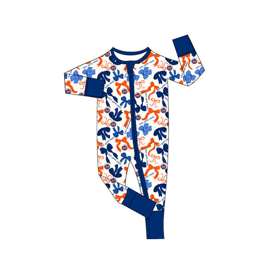 Preorder(moq 5)long sleeves orange blue bows baby team zip romper 8.27