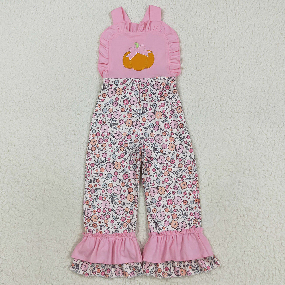 Baby Girls Jumpsuits Embroidery Bow Pumpkins Pink Strap Floral Ruffle Pant Jumpsuits SR3176