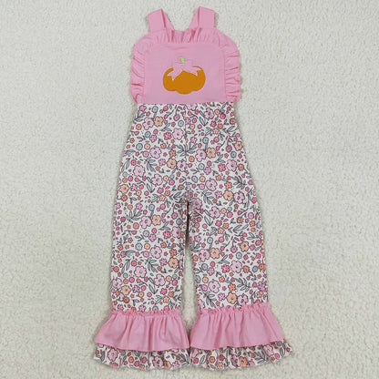 Baby Girls Jumpsuits Embroidery Bow Pumpkins Pink Strap Floral Ruffle Pant Jumpsuits SR3176