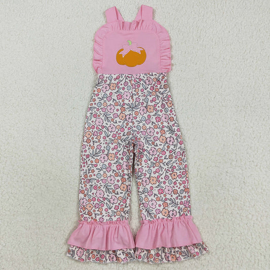 Baby Girls Jumpsuits Embroidery Bow Pumpkins Pink Strap Floral Ruffle Pant Jumpsuits SR3176