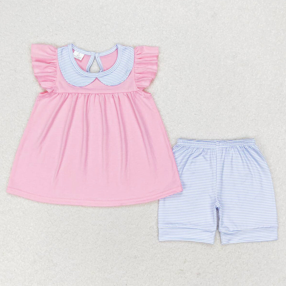 Baby Girls Clothes Light Pink Flutter Sleeve Ruffle Tunic Shorts Sets GSSO1064