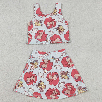 Baby Girls Clothes Sleeveless Cartoon Mermaid Fishes Top Skort Yoga Sets GSD3231 1.1