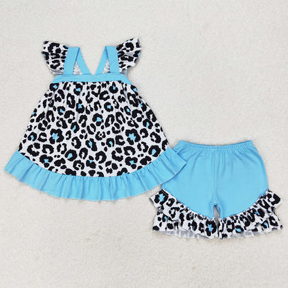 Baby Girls Clothes Blue Leopard Tunic Top Ruffle Shorts Sets GSSO0878