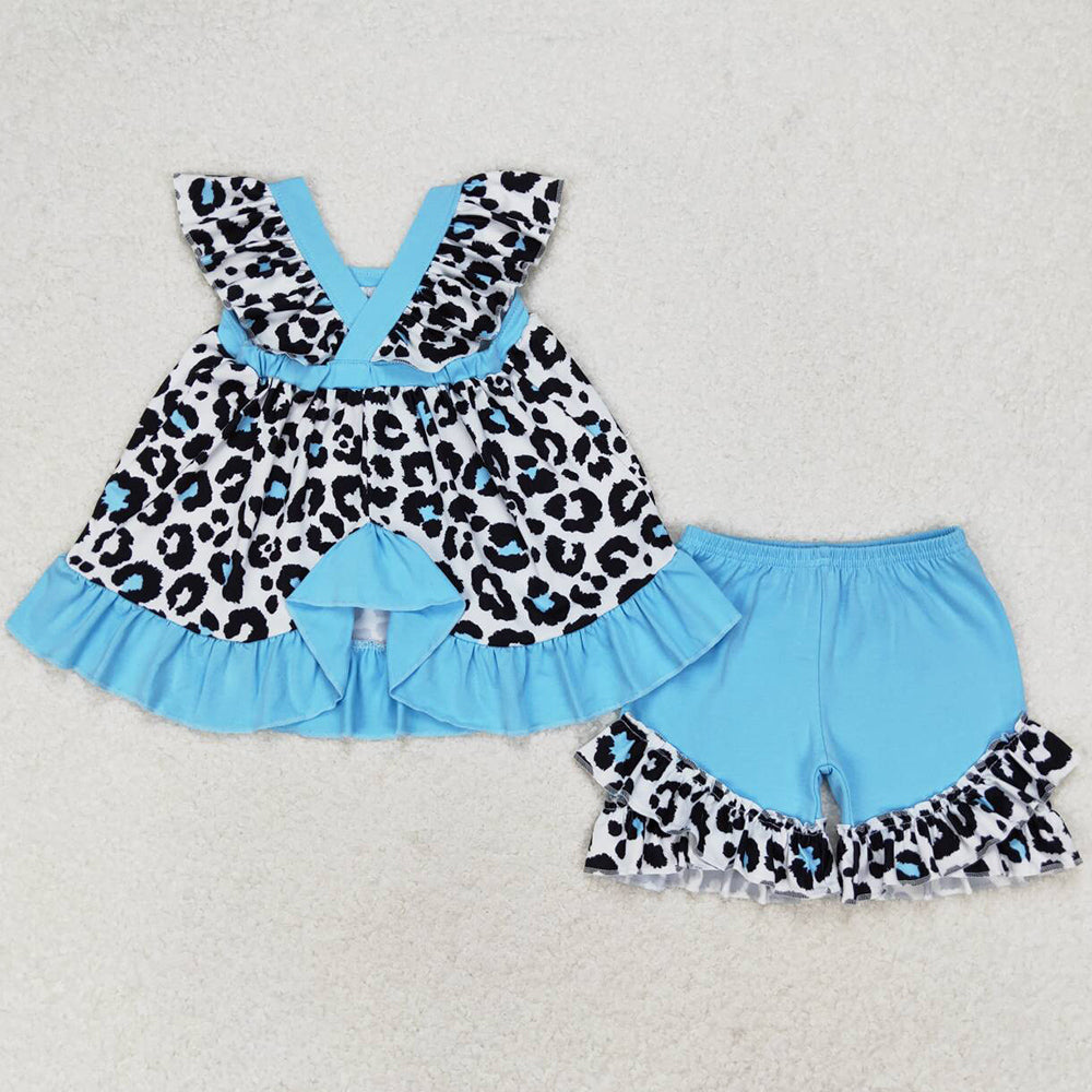 Baby Girls Clothes Blue Leopard Tunic Top Ruffle Shorts Sets GSSO0878