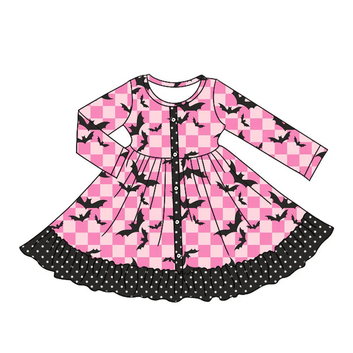 Preorder moq 5 Baby Girls Pink Plaid Long Sleeves Black Bats Button Ruffle Knee Length Dresses 5.7