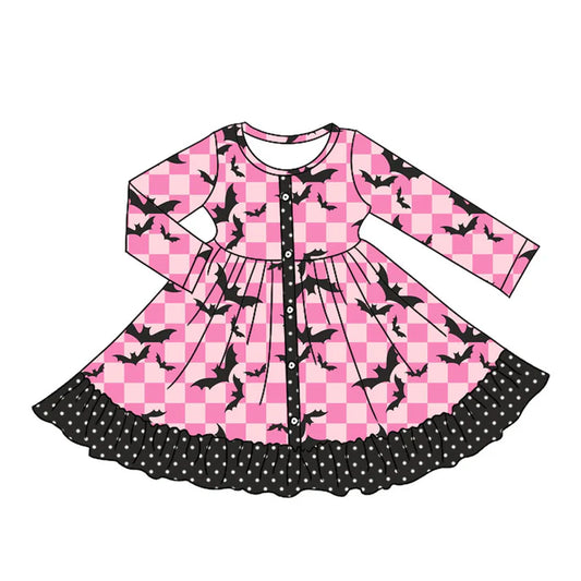 Preorder moq 5 Baby Girls Pink Plaid Long Sleeves Black Bats Button Ruffle Knee Length Dresses 5.7