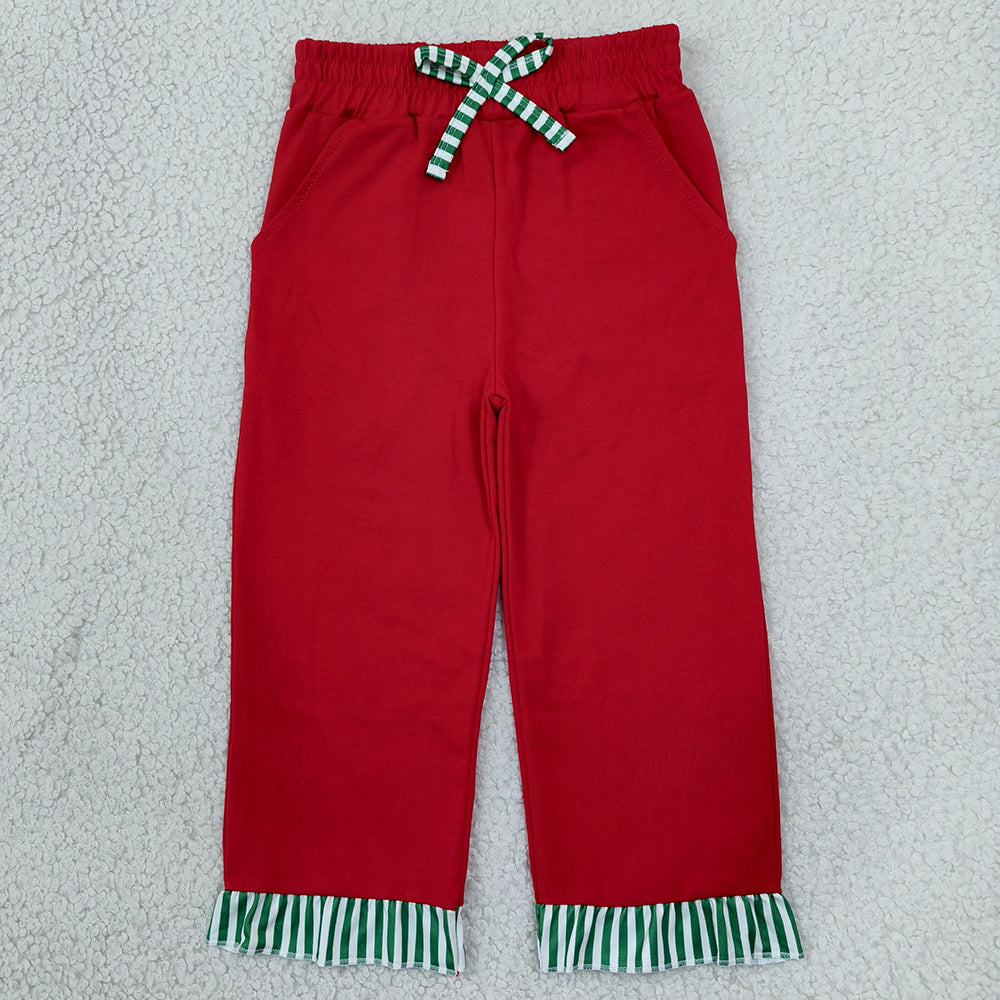 Baby Girls Red Green Stripe Bows Pockets Ruffle Pants Bottom P1153