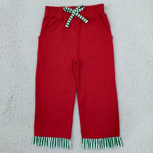 Baby Girls Red Green Stripe Bows Pockets Ruffle Pants Bottom P1153