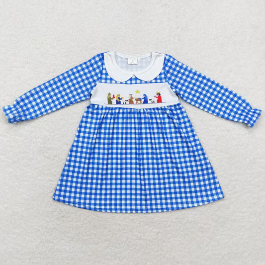 Baby Girls Dress Blue Checkered Nativity Christmas Knee Length Dresses GLD0647