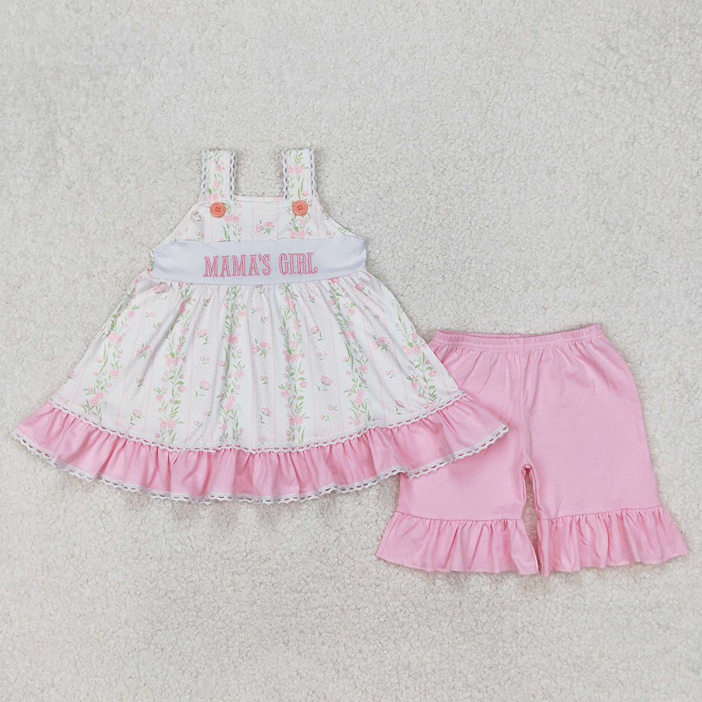 Embroidery Baby Girls Clothes Pink Bows Mama's Girl Straps Tunic Ruffle Shorts Outfits GSSO2153