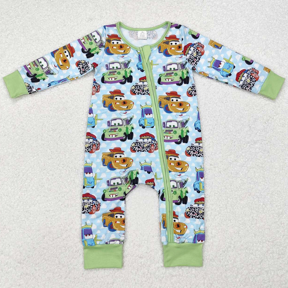 Baby Infant Boys Rompers Green Cars Bamboo Zip Rompers LR1622