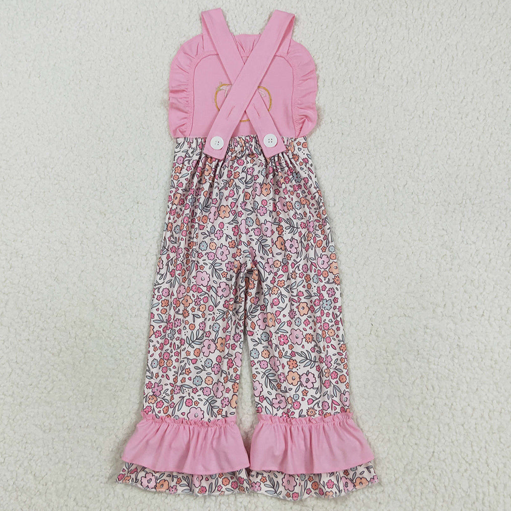 Baby Girls Jumpsuits Embroidery Bow Pumpkins Pink Strap Floral Ruffle Pant Jumpsuits SR3176