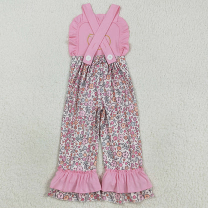 Baby Girls Jumpsuits Embroidery Bow Pumpkins Pink Strap Floral Ruffle Pant Jumpsuits SR3176