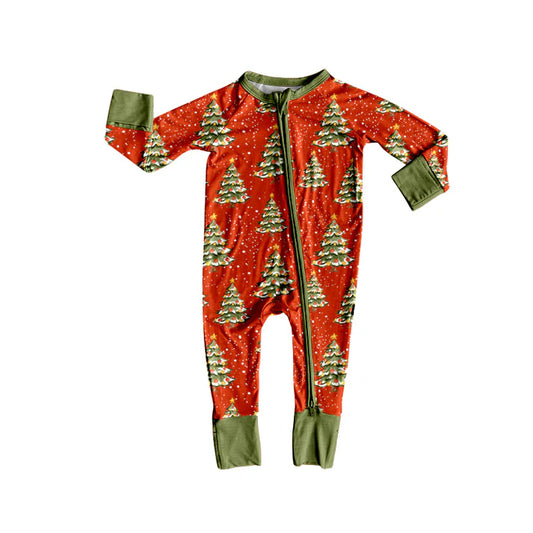 Preorder(moq 5)Baby Infant Christmas Trees Red Zipper Footie Rompers 8.8