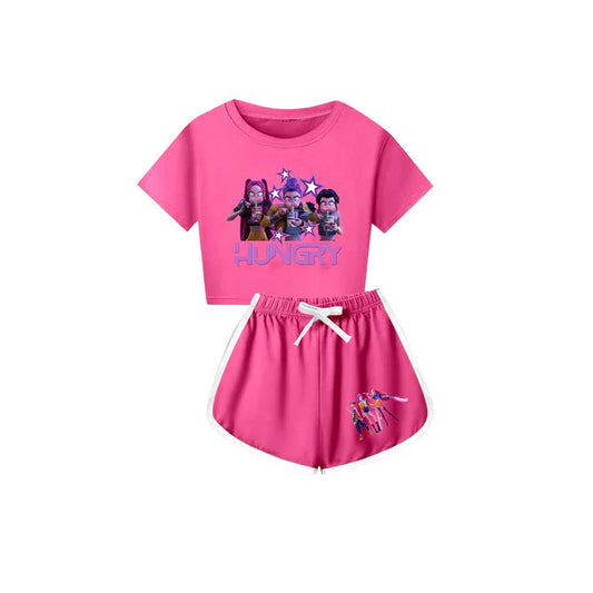 Preorder(moq 5) Baby Girls Cartoon Girls Hungry Top Shorts Pink Clothes Sets 10.4