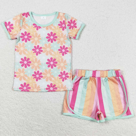 Baby Girls Clothes Blue Flowers Western Tee Shirts Stripes Shorts Sets GSSO1297