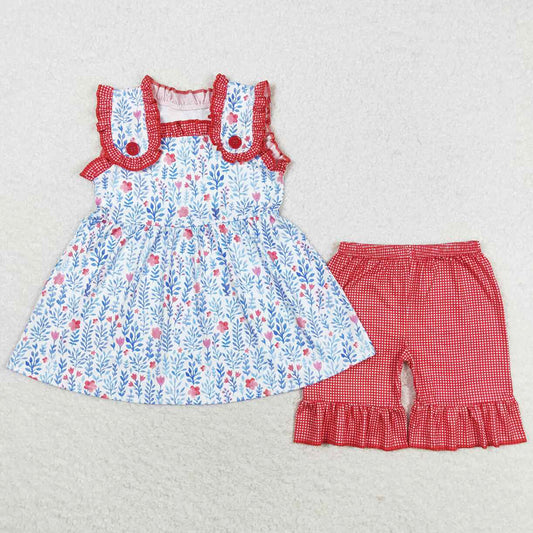 Baby Girls Clothes Blue Flowers Leaves Tunic Tops Ruffle Shorts Sets GSSO1112