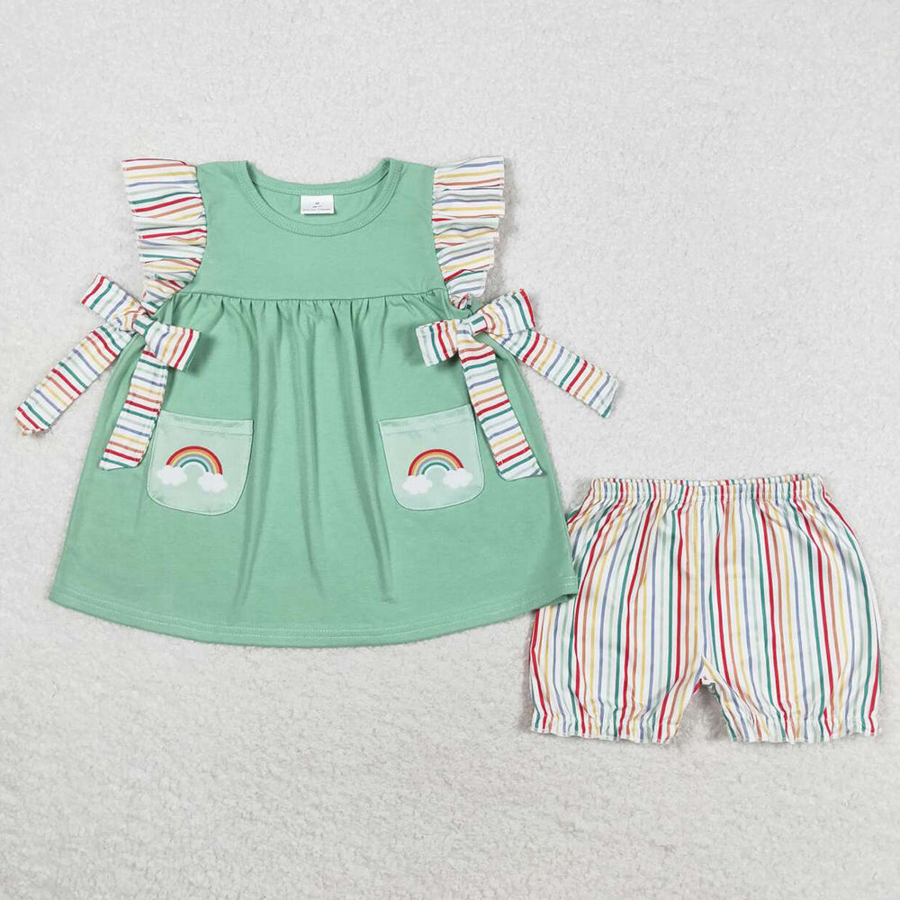 Baby Girls Clothes Green Flutter Sleeve Rainbow Tunic Bow Top Stripes Shorts Sets GSSO0596