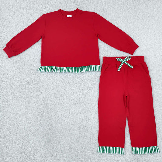 Baby Girls Red Green Stripe Long Sleeve Top Ruffle Pant Clothes Set GLP3916