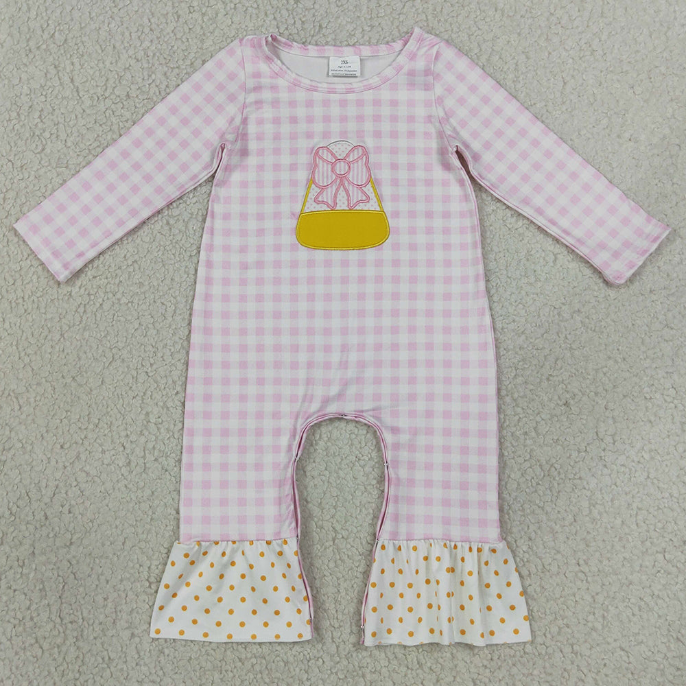 Baby Girls Rompers Embroidery Bows Candy Pink Checked Halloween Ruffle Pant Rompers LR3022