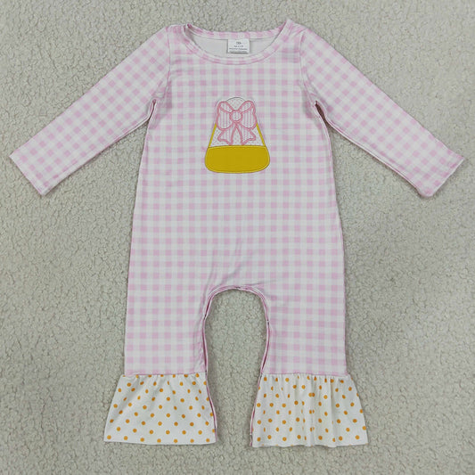 Baby Girls Rompers Embroidery Bows Candy Pink Checked Halloween Ruffle Pant Rompers LR3022