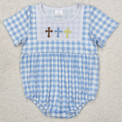 Baby Infant Boys Rompers Easter Blue Checkered Cross Embroidery Rompers SR2134 SR2133 3.7