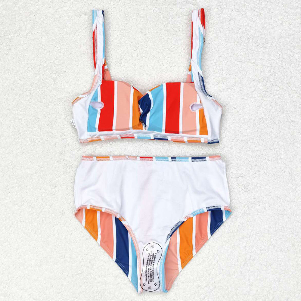 Adult Women Swimsuits Colorful Stripes Top Bottom Swimsuits Sets S0338