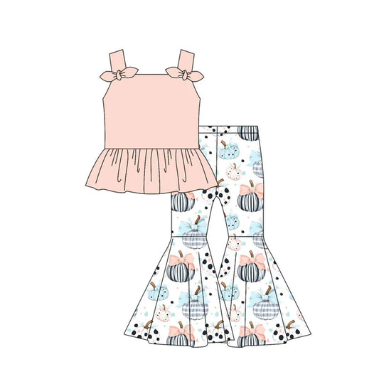 Preorder moq 5 Baby Girls Peach Strap Bows Tunic Bows Pumpkins Bell Bottom Pants Set 4.30