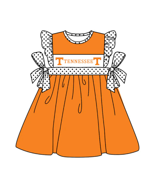 Preorder (moq 5)Baby Girls Flutter Sleeve Orange Tennessee Team Knee Length Dresses