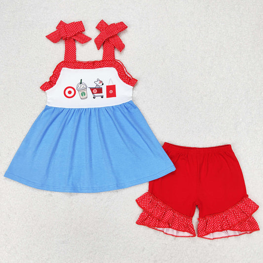 Baby Girls Clothes Coffee Cart Straps Tunic Tops Ruffle Shorts Sets GSSO1205