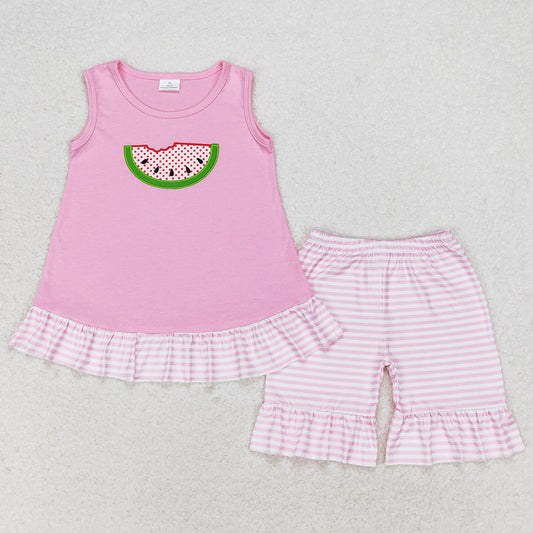 Baby Girls Clothes Pink Watermelon Ruffle Tunic Top Shorts Sets GSSO1239