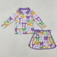 Baby Girls Clothes Mardi Gras Bows Zipper Pullover Skirt Shorts Clothes Sets GLD1333 11.6