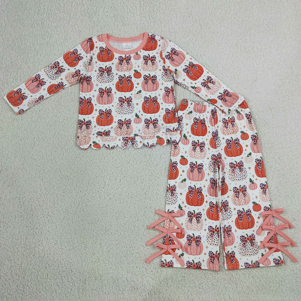 Baby Girls Clothes Leopard Bows Pumpkins Scallop Top Bows Pants Fall Clothes Set GLP3435
