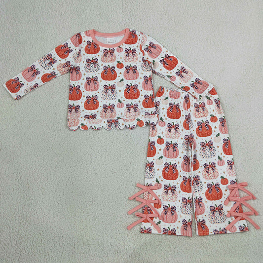 Baby Girls Clothes Leopard Bows Pumpkins Scallop Top Bows Pants Fall Clothes Set GLP3435