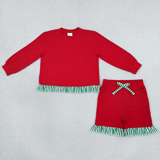 Baby Girls Red Green Stripe Slouchy Shirts Pockets Ruffle Short Clothes Set GLS0269