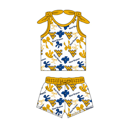 Preorder MOQ 5 pcs sleeveless W V bow top shorts girls team clothes 8.26