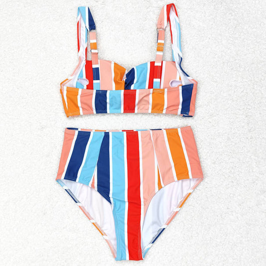 Adult Women Swimsuits Colorful Stripes Top Bottom Swimsuits Sets S0338