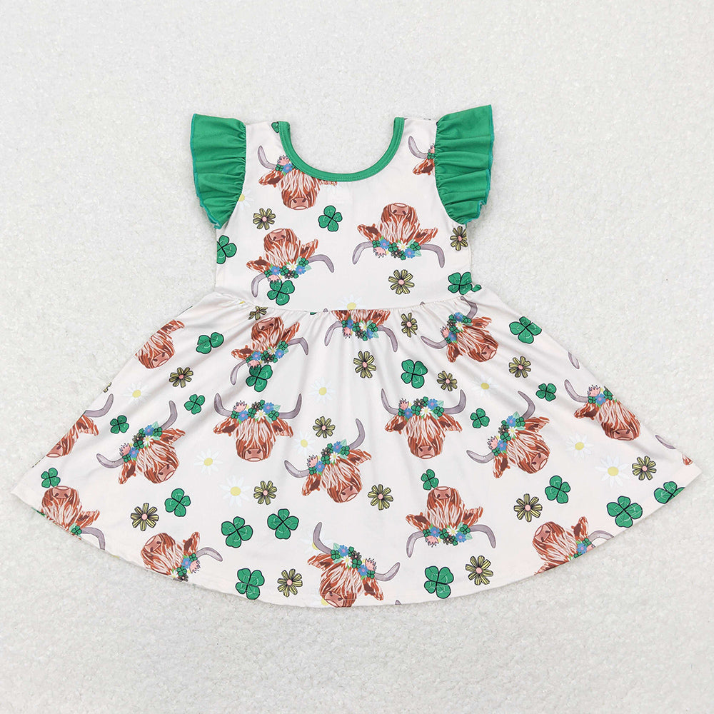 Hot Sale Kids Girls Dress  St. Patrick's Day Cow Print Knee Length Dresses GSD0647