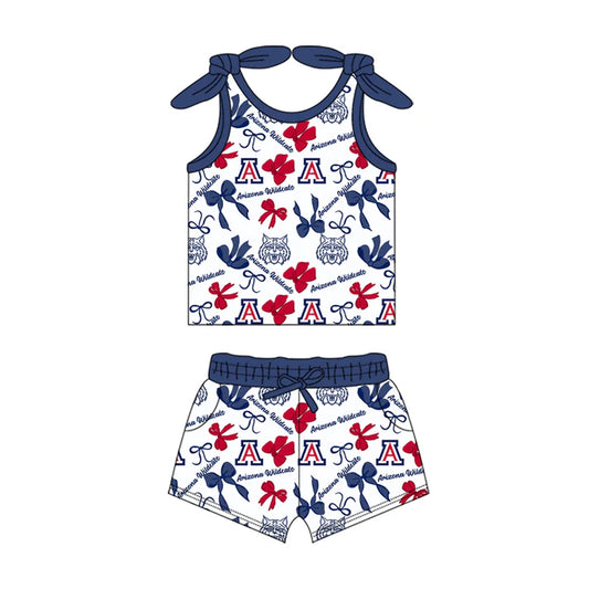 Preorder MOQ 5 pcs sleeveless A blue bow top shorts girls team clothes 8.23