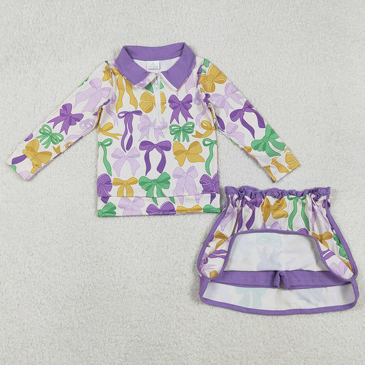 Baby Girls Clothes Mardi Gras Bows Zipper Pullover Skirt Shorts Clothes Sets GLD1333 11.6