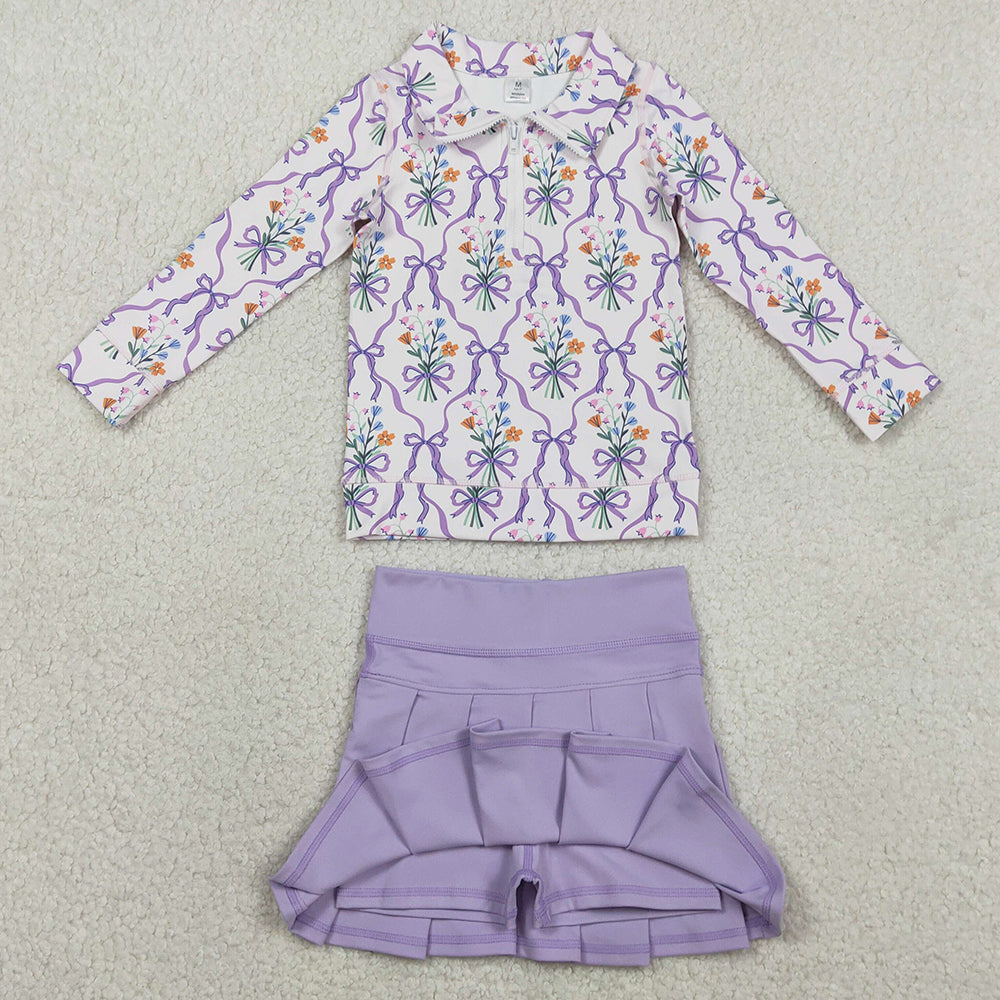 Baby Girls Clothes Bow Flowers Zip Pullover Skirt Short Yoga Active Clothes Sets GLD1416