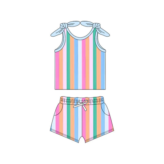 Preorder (moq 5)Baby Girls Bows Strap Colorful Stripe Top Pockets Short Set 5.15