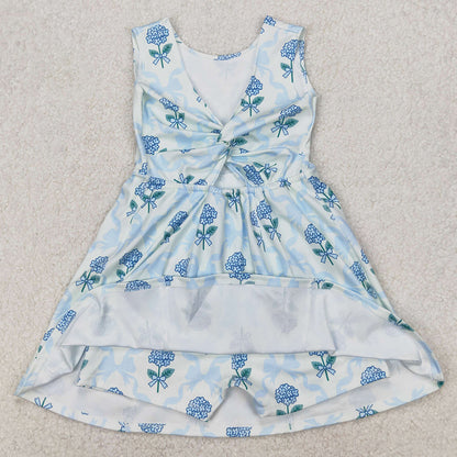 Baby Girls Dress Blue Flowers Bows Tennise Active Wear Athletic Dresses GSD1944