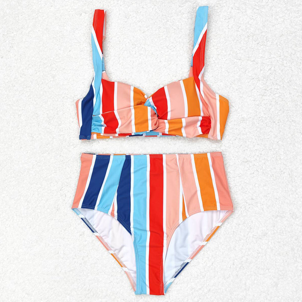 Adult Women Swimsuits Colorful Stripes Top Bottom Swimsuits Sets S0338