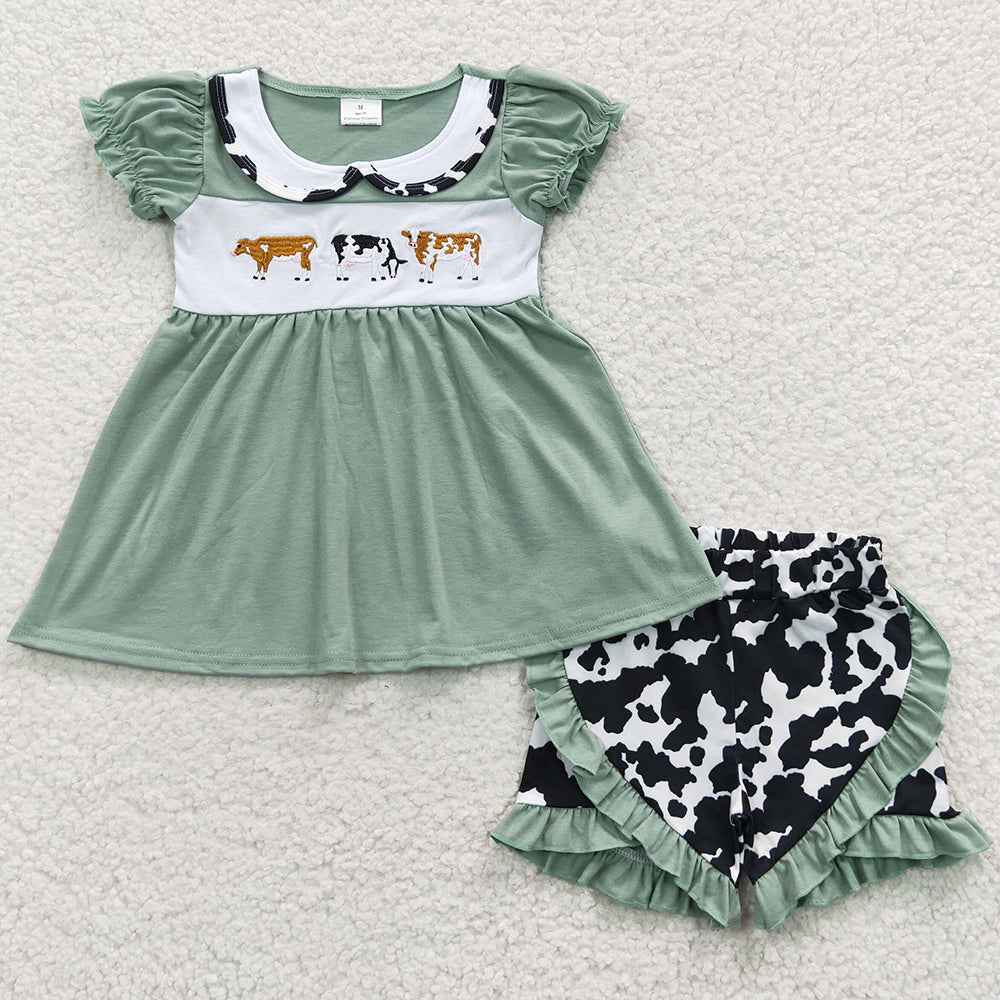 Baby Kids Sibling Clothing Western Cow Embroidery Summer Girls Clothes Set GSSO0305