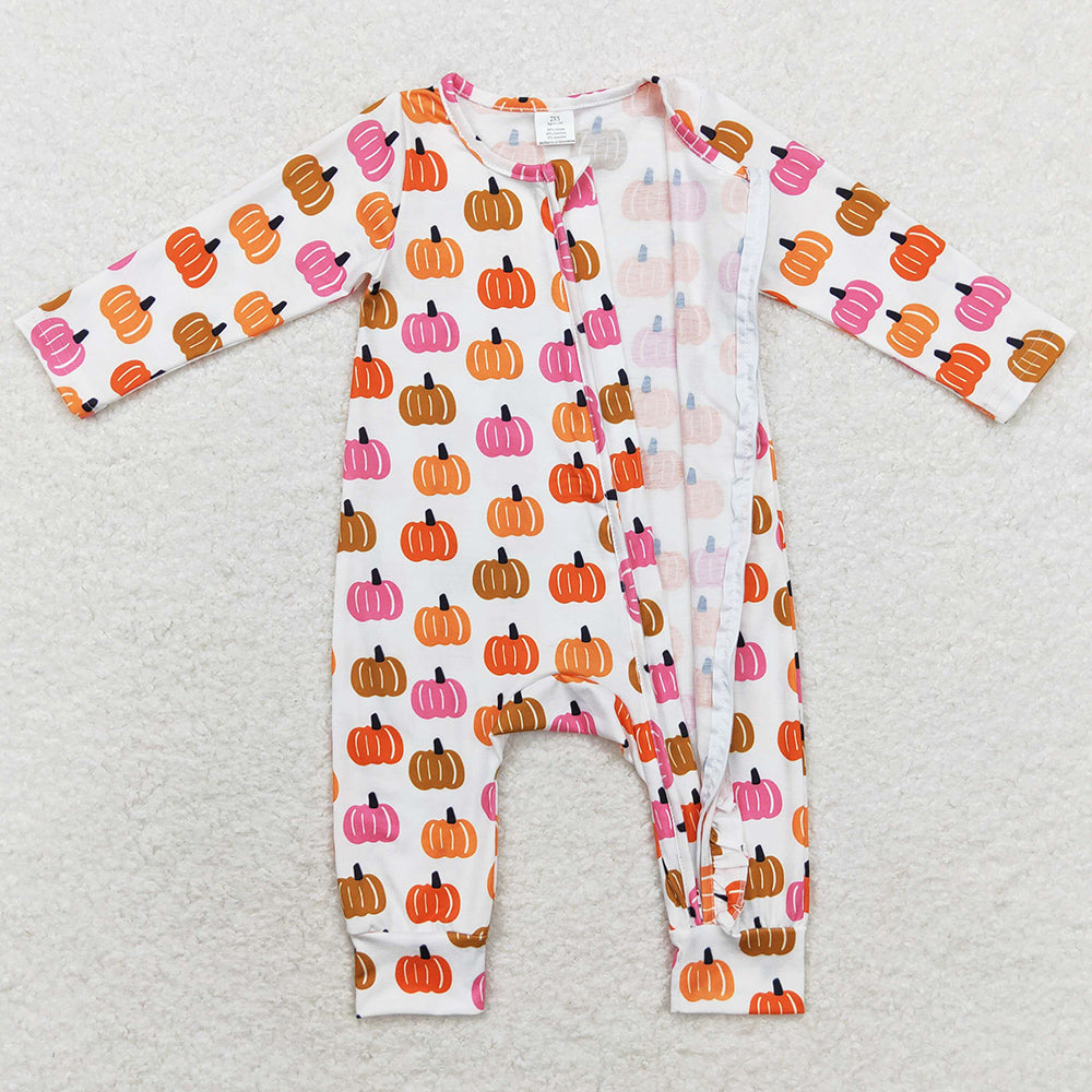 Baby Girls Rompers Pink Orange Pumpkin Long Sleeve Bamboo Zip Rompers LR1219